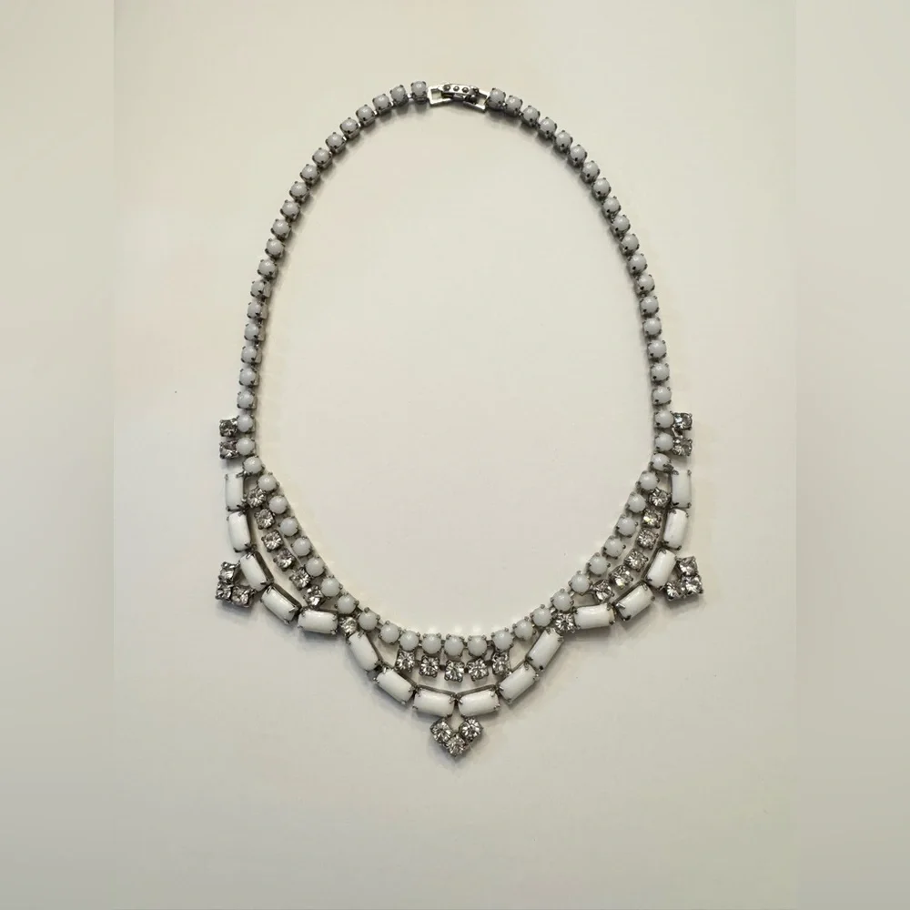 Vintage Milk Glass Rhinestone Bib Necklace Mid Century - Bridal, Formal, Prom